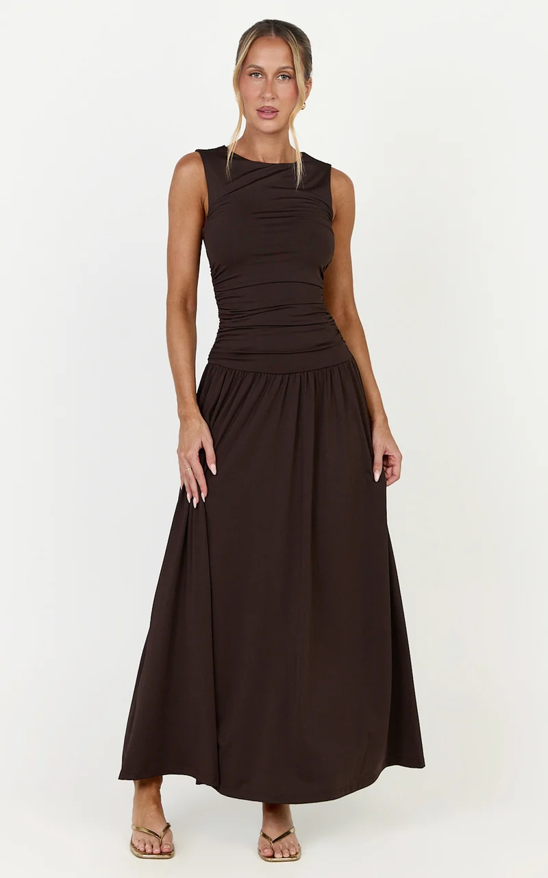 Marguerite Maxi Dress - Gathered Detail Dropped Waist Dress in Dark Chocolate