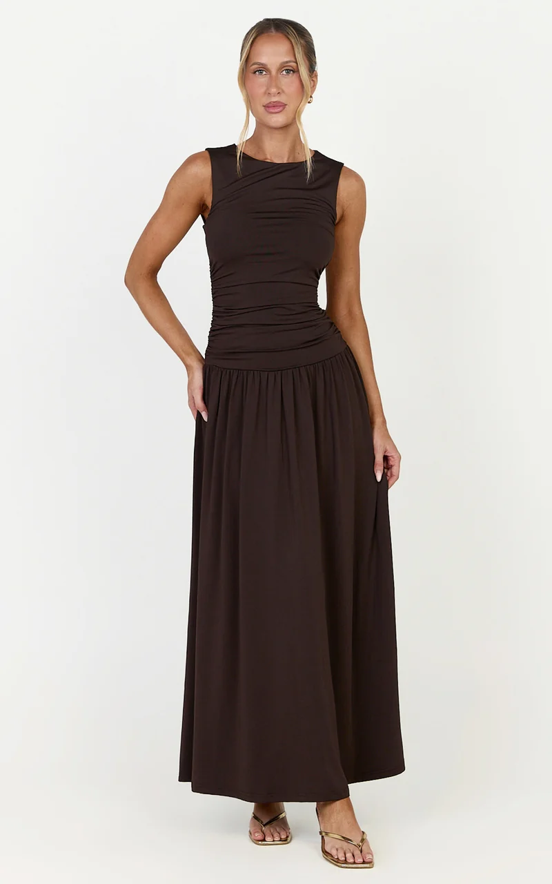 Marguerite Maxi Dress - Gathered Detail Dropped Waist Dress in Dark Chocolate