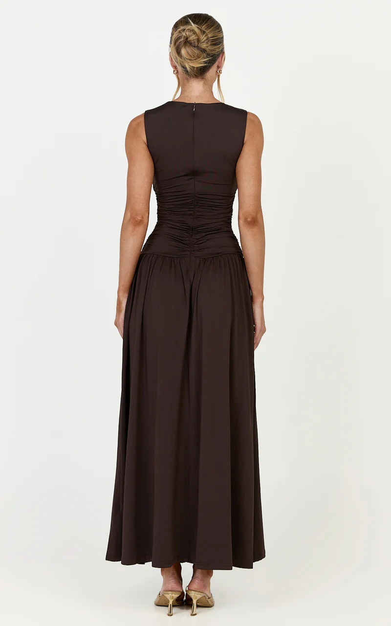Marguerite Maxi Dress - Gathered Detail Dropped Waist Dress in Dark Chocolate