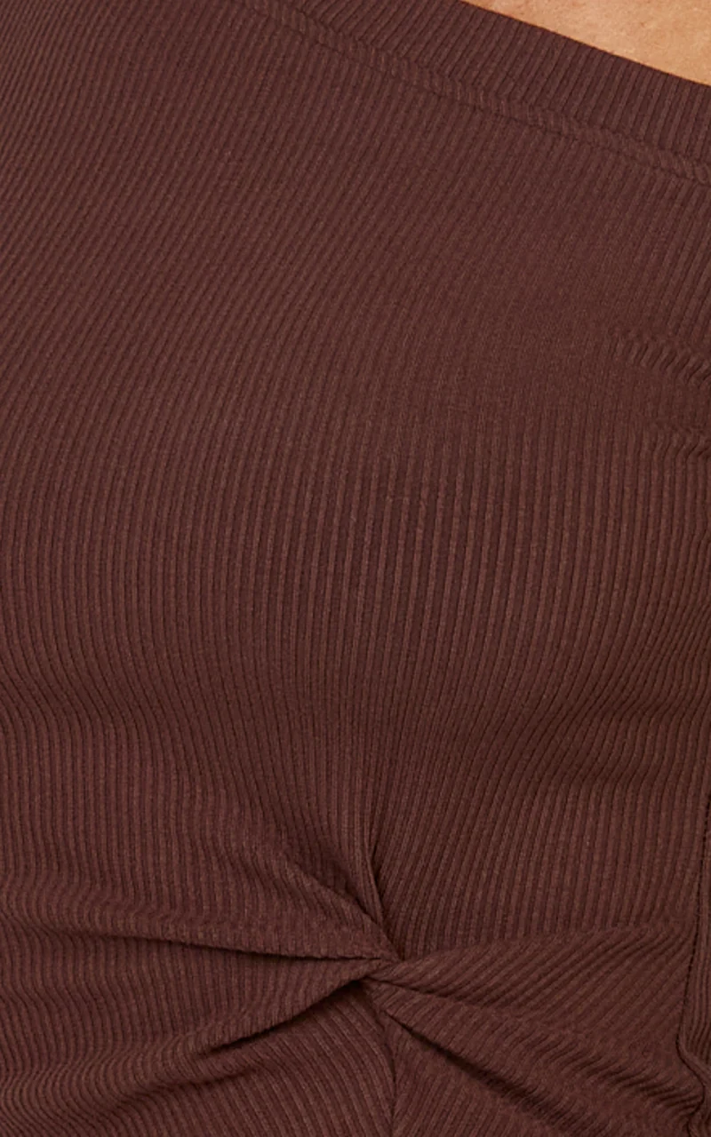 Josephine Top - Asymmetrical Neckline Long Sleeve Twist Detail Top in Chocolate