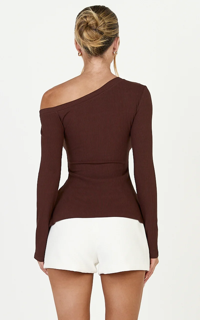 Josephine Top - Asymmetrical Neckline Long Sleeve Twist Detail Top in Chocolate