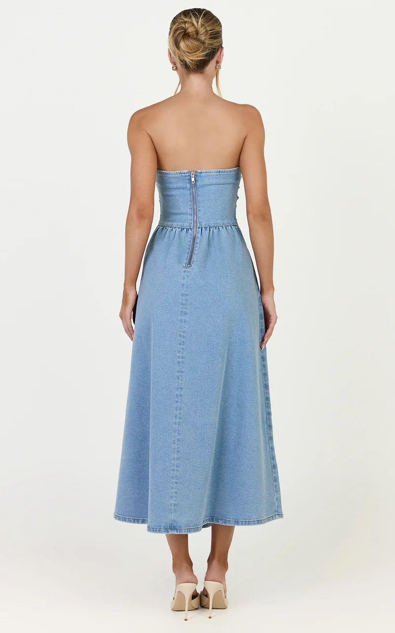 Isabella Midi Dress - Denim Strapless Ruched Dress in Mid Blue Wash