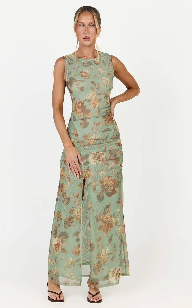 Amy Maxi Dress - Gathered Detail Front Split Sleeveless Dress in Multi