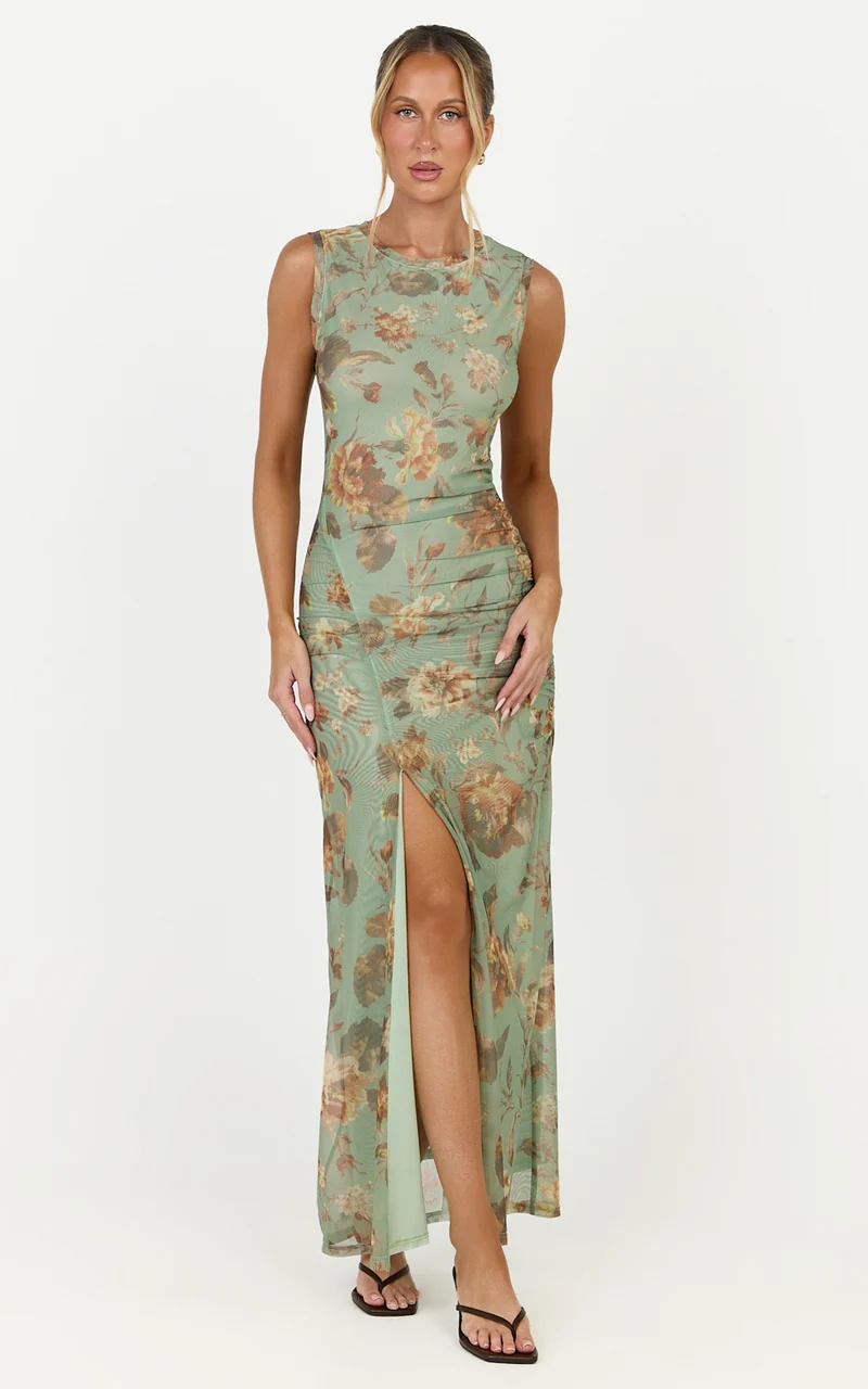 Amy Maxi Dress - Gathered Detail Front Split Sleeveless Dress in Multi