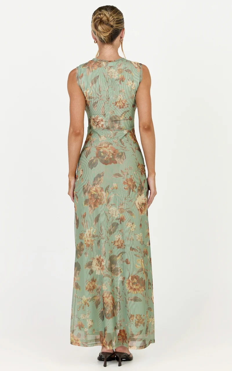 Amy Maxi Dress - Gathered Detail Front Split Sleeveless Dress in Multi