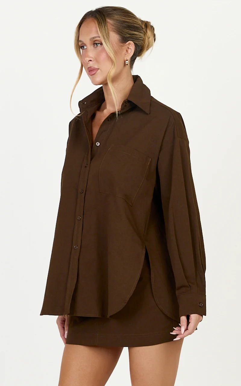 Blanche Top - Oversized Patch Pocket Long Sleeve Shirt in Dark Chocolate