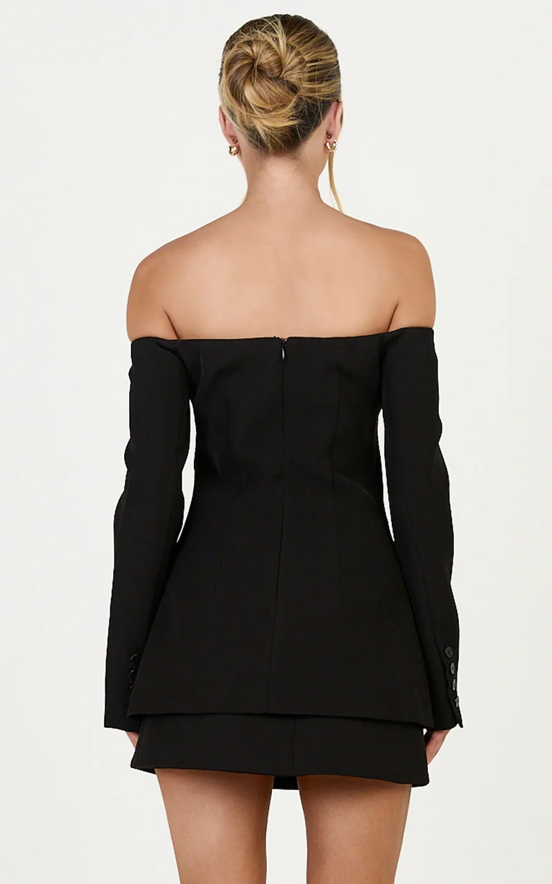 Edith Two Piece Top and Mini Skirt Set - Off Shoulder Button Front Long Sleeve Top and Skirt Set in Black