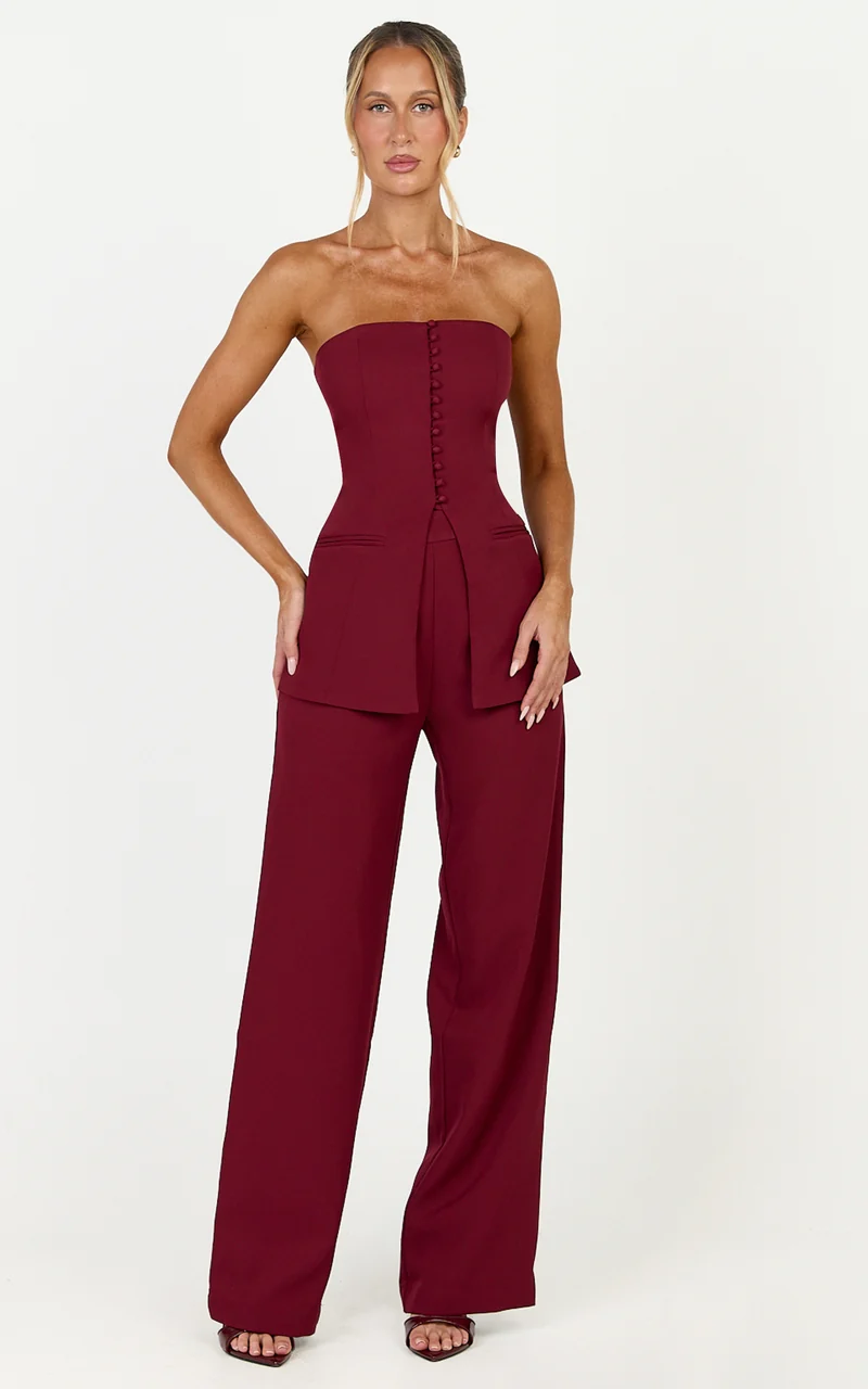 Amelia Two Piece Top and Pant Set - Strapless Button Down Top And Tailored Wide Leg Pants Set in Wine