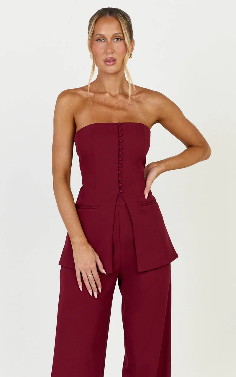 Amelia Two Piece Top and Pant Set - Strapless Button Down Top And Tailored Wide Leg Pants Set in Wine