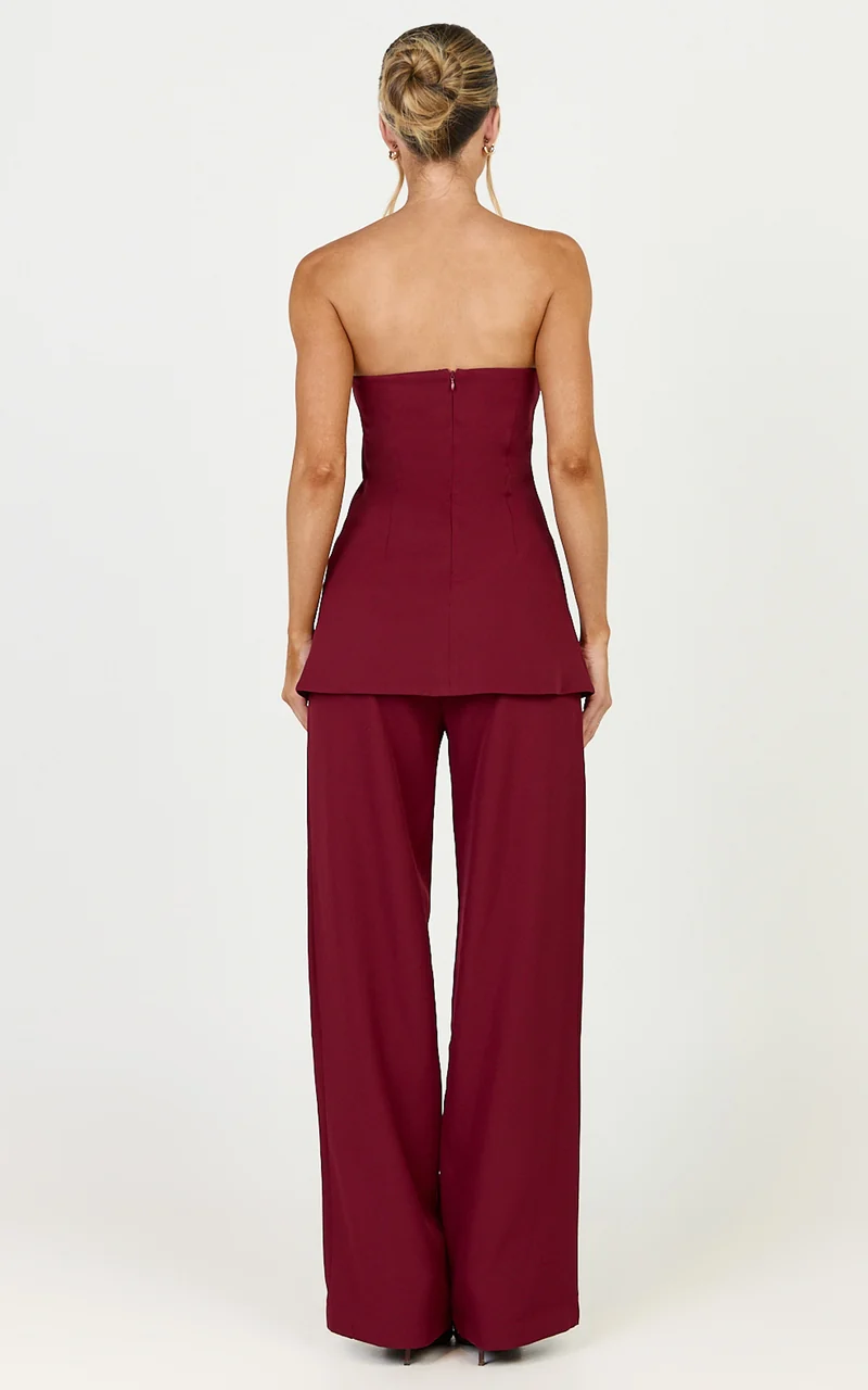 Amelia Two Piece Top and Pant Set - Strapless Button Down Top And Tailored Wide Leg Pants Set in Wine