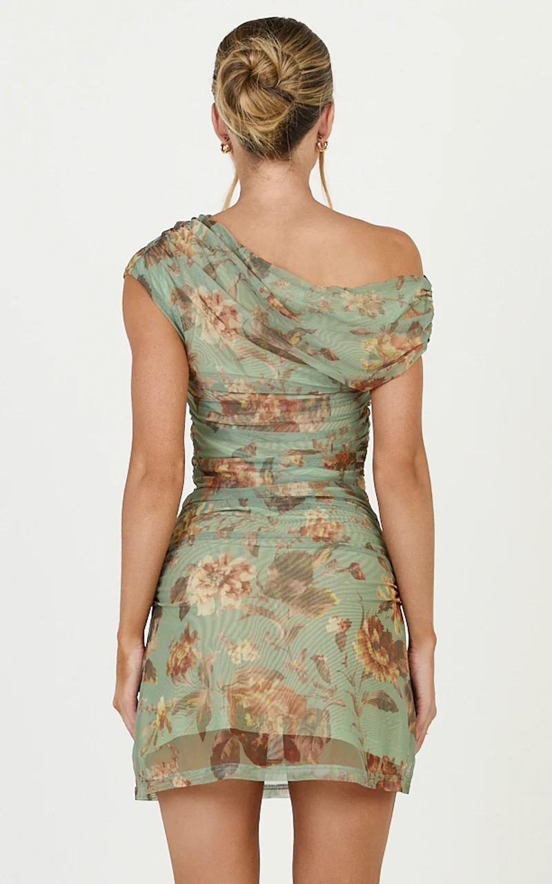 Jem Mini Dress - Asymmetrical Neckline Cap Sleeve Dress in Multi
