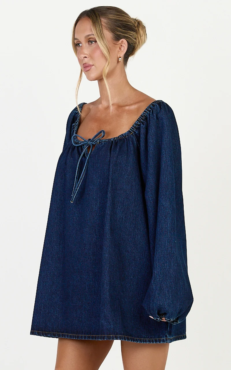 Zaria Mini Dress - Tie Detail Long Sleeve Smock Dress in Dark Blue Wash