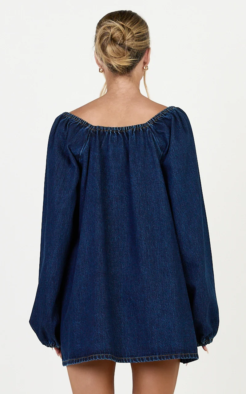 Zaria Mini Dress - Tie Detail Long Sleeve Smock Dress in Dark Blue Wash