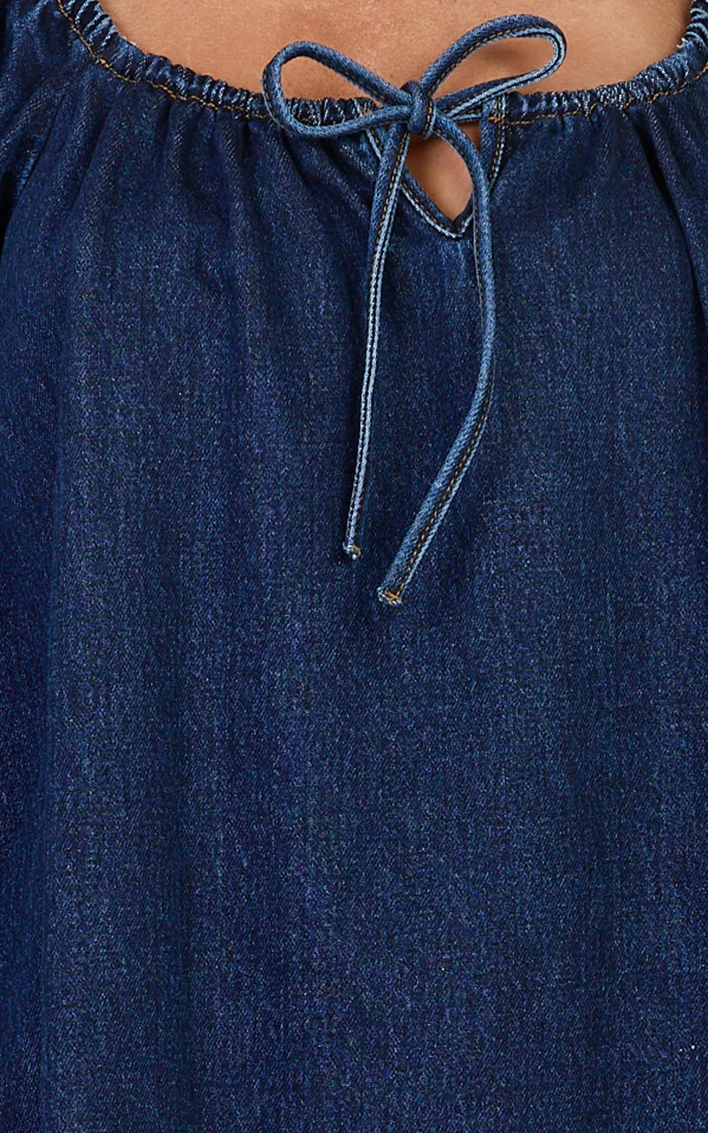 Zaria Mini Dress - Tie Detail Long Sleeve Smock Dress in Dark Blue Wash