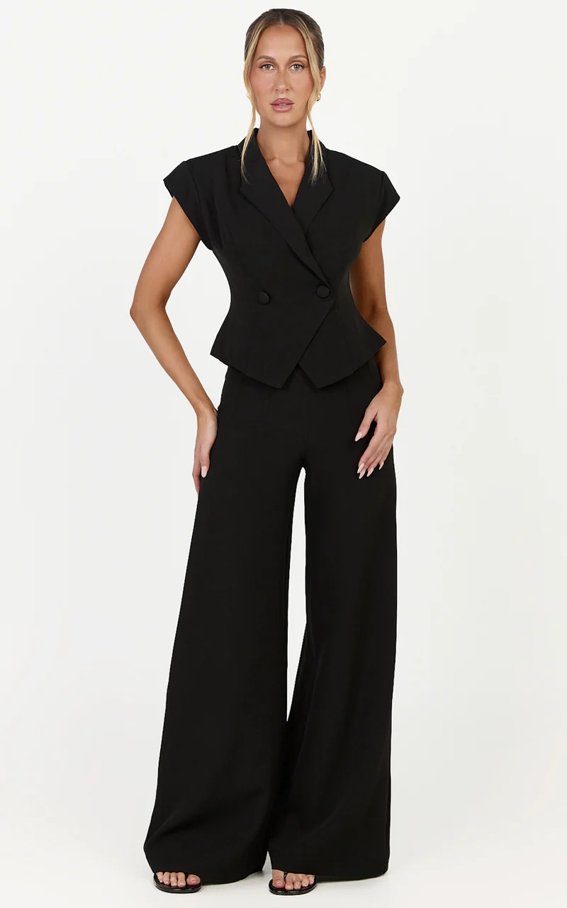 Poppy Top - Cap Sleeve Double Breasted Vest Top in Black