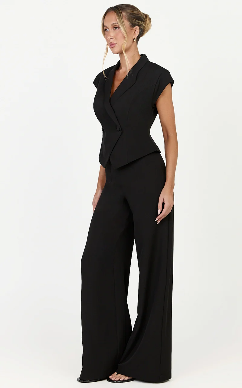 Poppy Top - Cap Sleeve Double Breasted Vest Top in Black