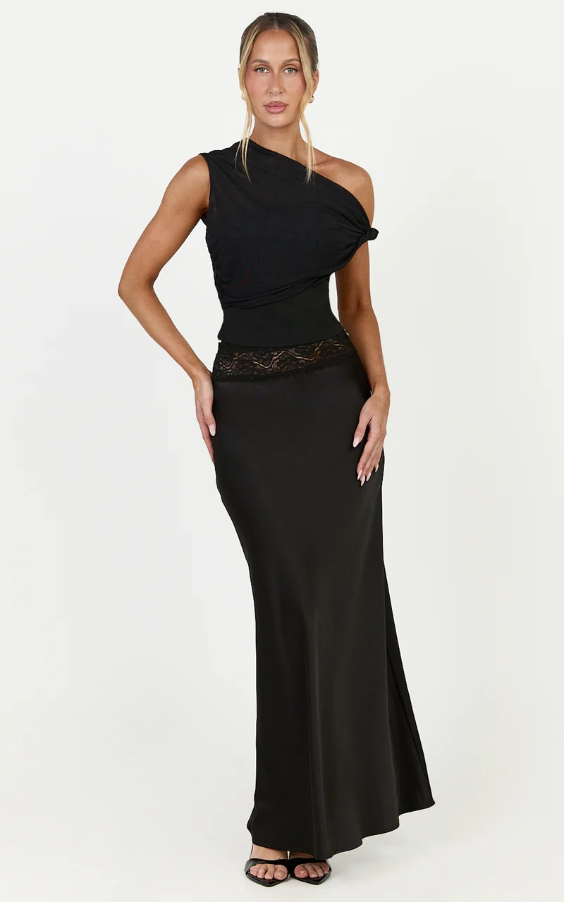Marguerite Maxi Skirt - Lace Waistband Bias Cut Skirt in Black
