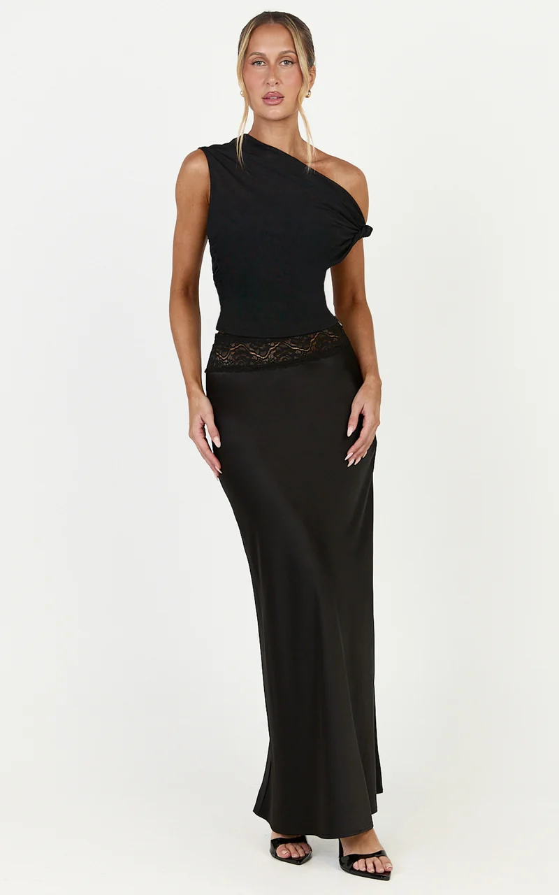 Marguerite Maxi Skirt - Lace Waistband Bias Cut Skirt in Black