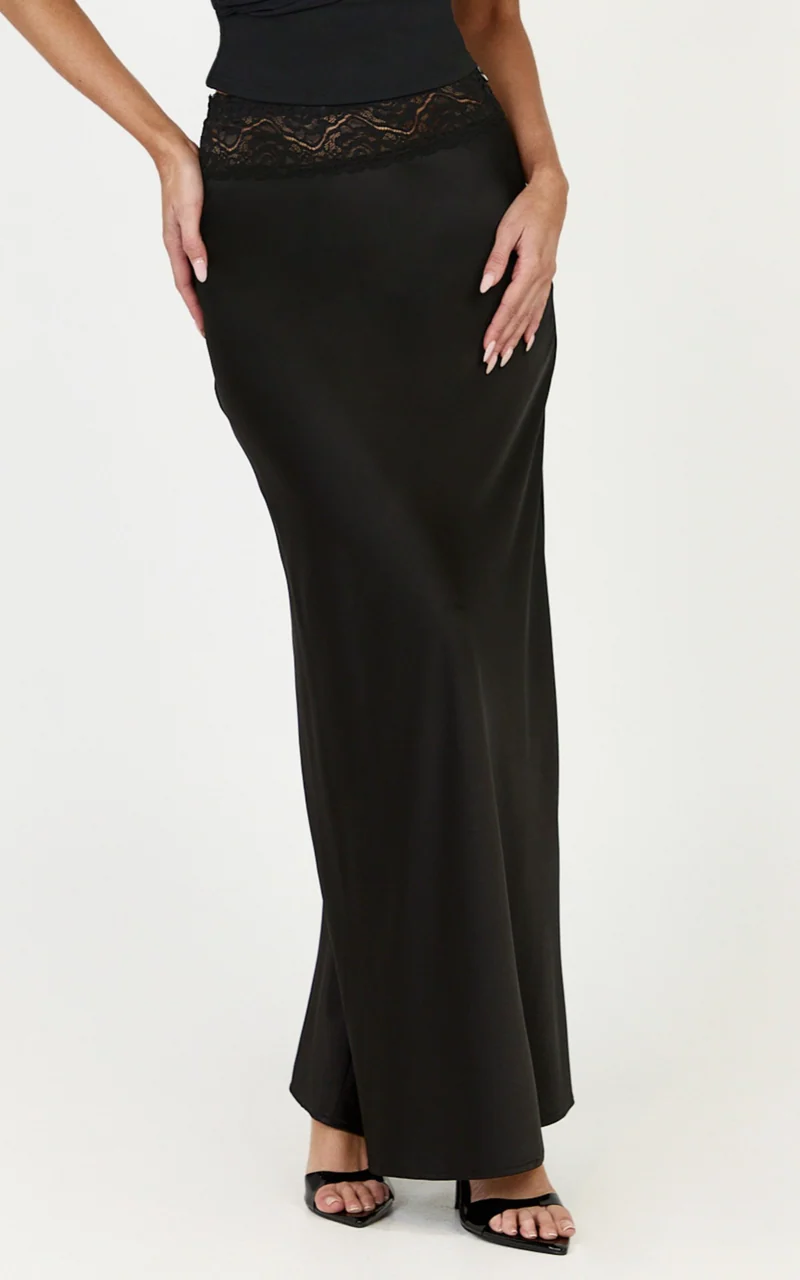 Marguerite Maxi Skirt - Lace Waistband Bias Cut Skirt in Black