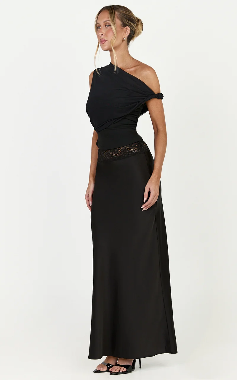 Marguerite Maxi Skirt - Lace Waistband Bias Cut Skirt in Black