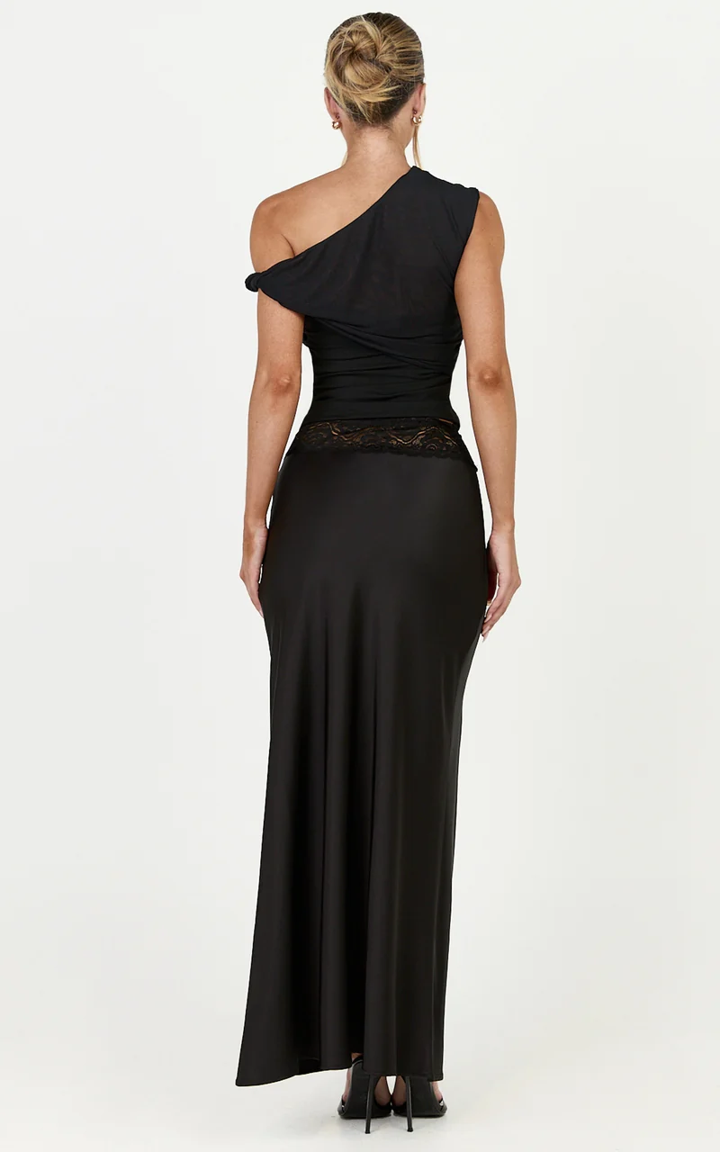 Marguerite Maxi Skirt - Lace Waistband Bias Cut Skirt in Black