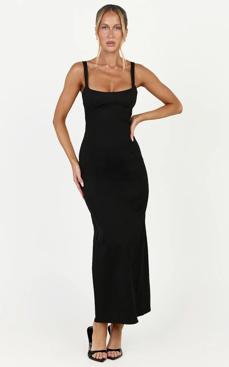 Celestine Midi Dress - Adjustable Strap Structured Dress in Black