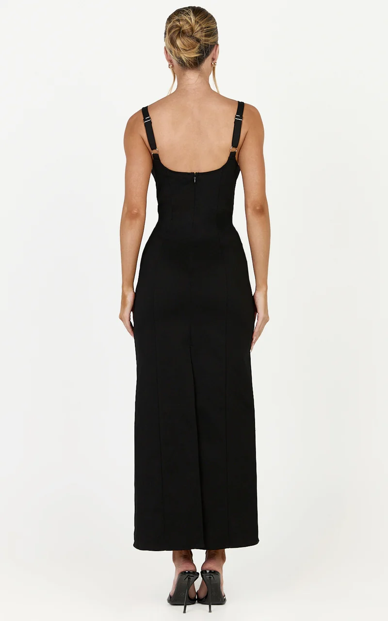 Celestine Midi Dress - Adjustable Strap Structured Dress in Black