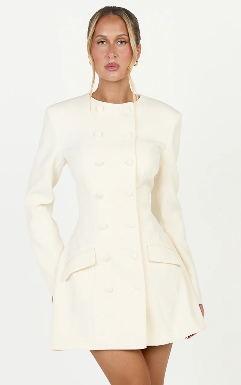 Charlotte Mini Dress - Double Breasted Long Sleeve Dress in Cream