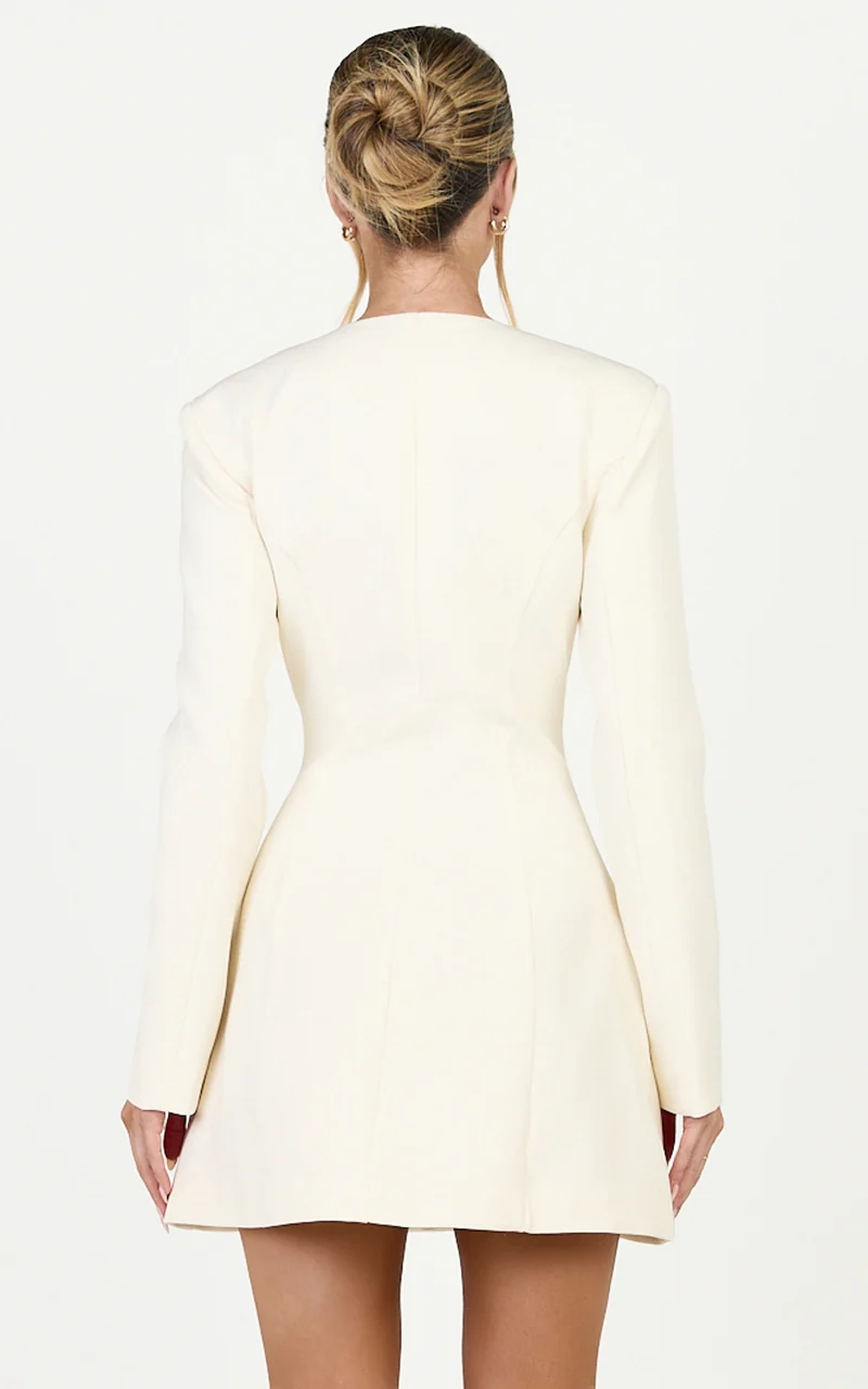 Charlotte Mini Dress - Double Breasted Long Sleeve Dress in Cream