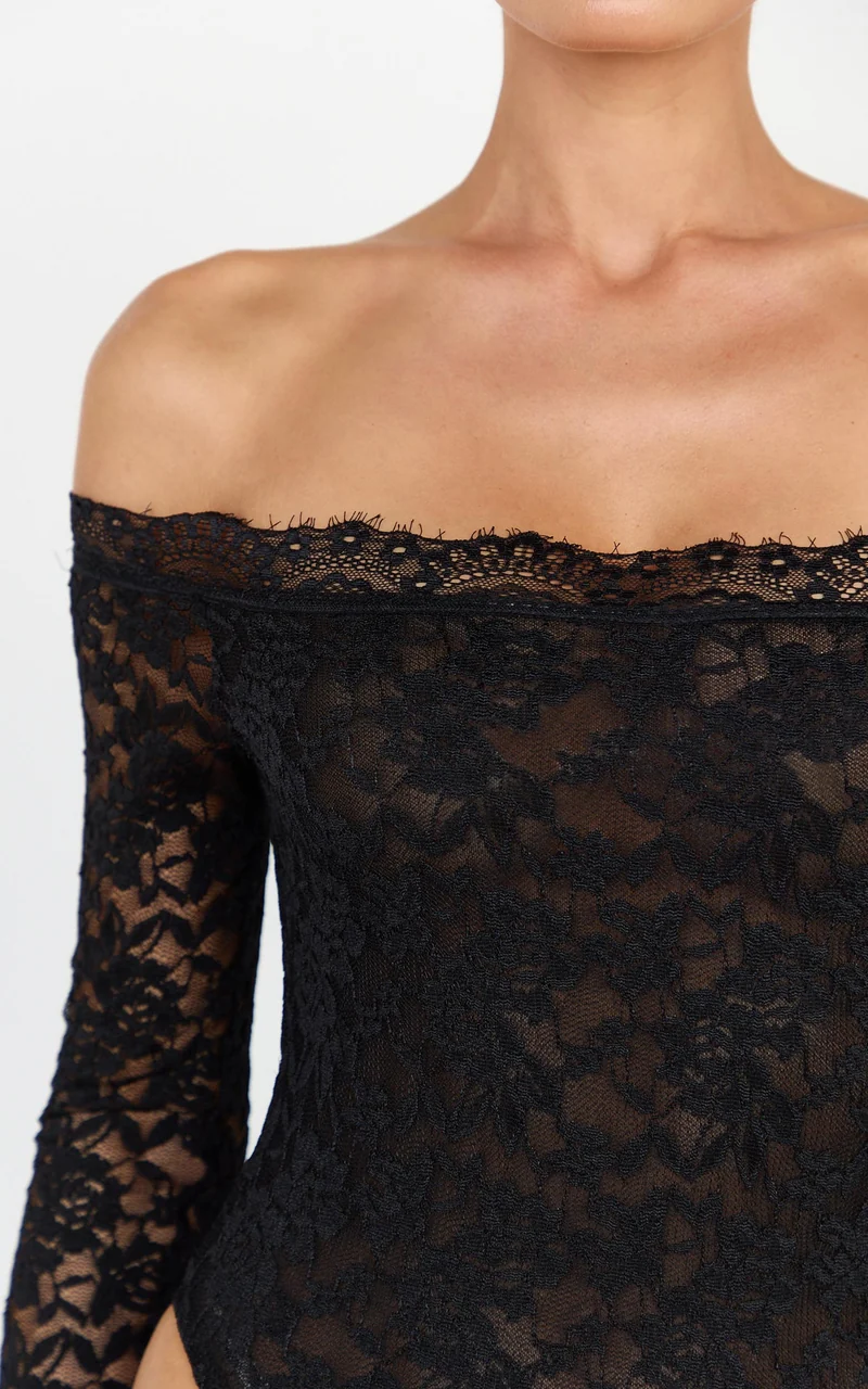 Isabelle Bodysuit - Off Shoulder Long Sleeve Lace Bodysuit in Black