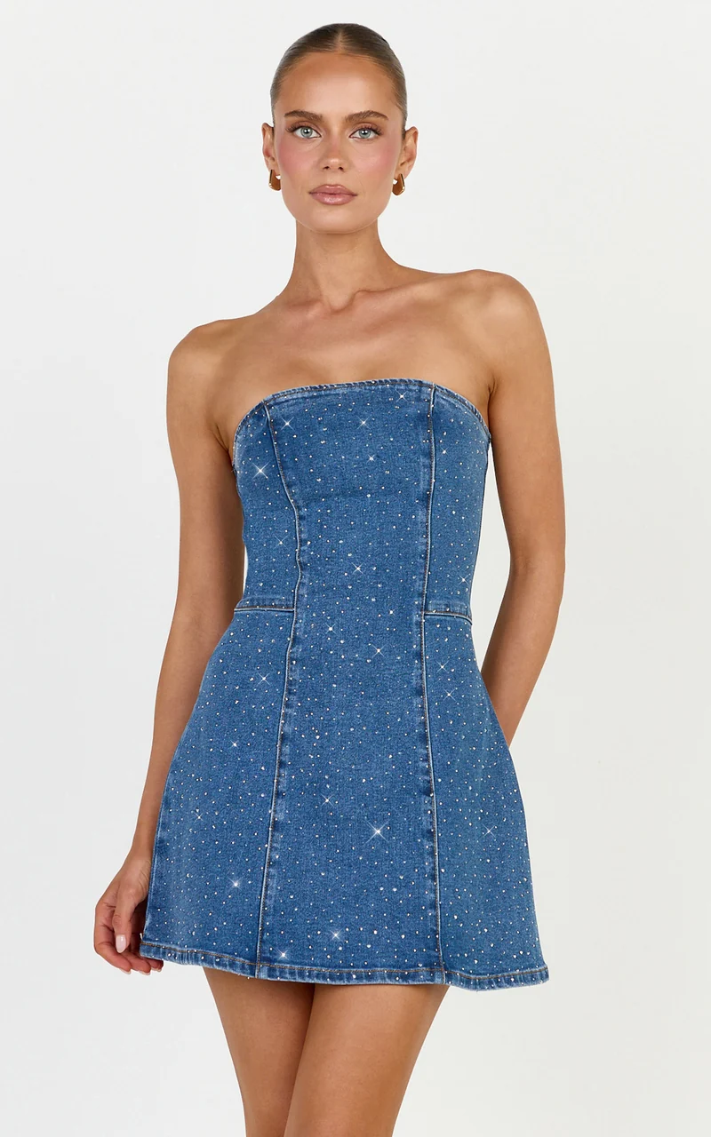 Marigold Mini Dress - Denim Strapless Diamante Mini Dress in Mid Blue Wash
