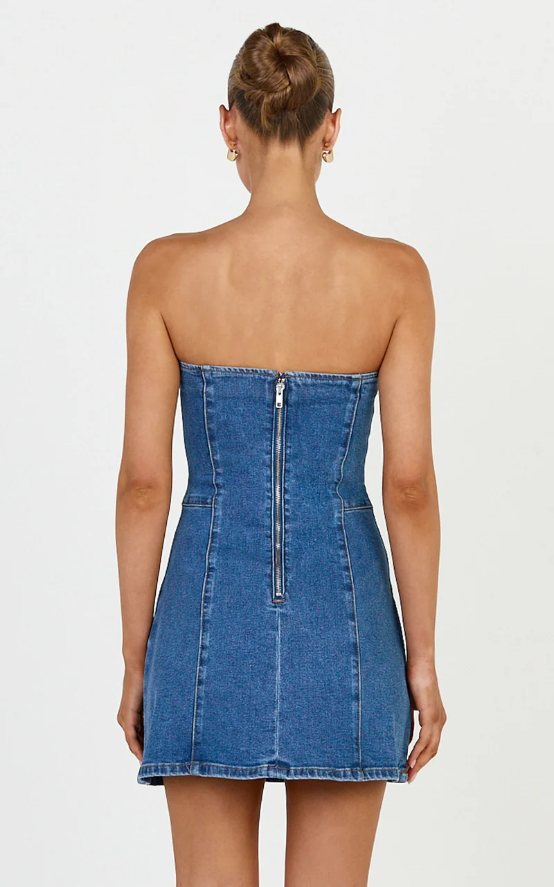 Marigold Mini Dress - Denim Strapless Diamante Mini Dress in Mid Blue Wash