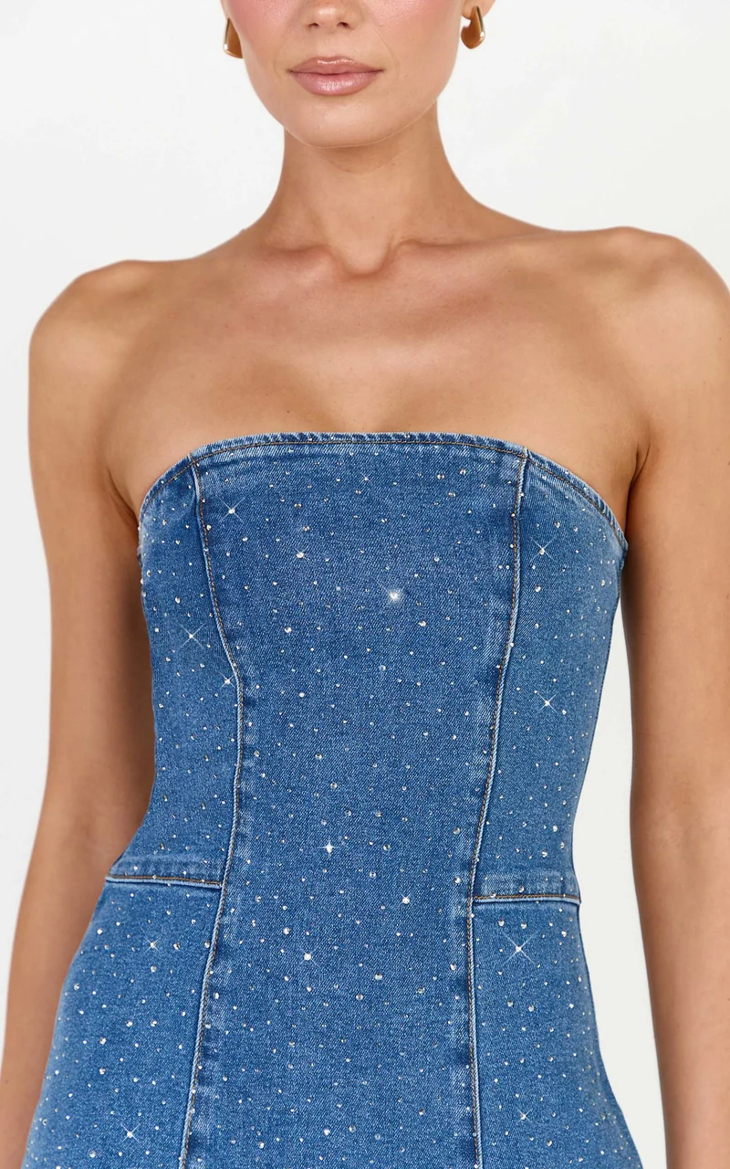 Marigold Mini Dress - Denim Strapless Diamante Mini Dress in Mid Blue Wash