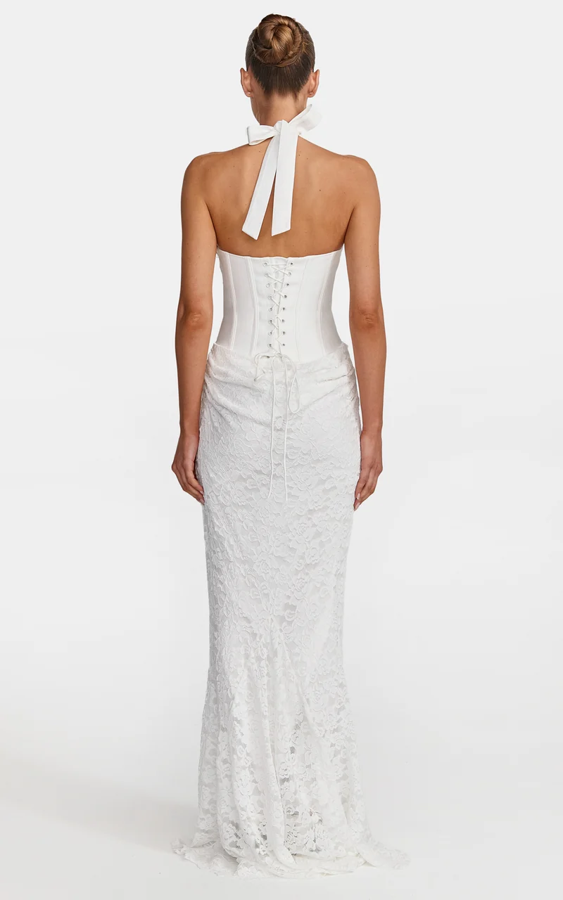 Tilly Maxi Dress - Lace Plunge Neckline Halter Dress in White