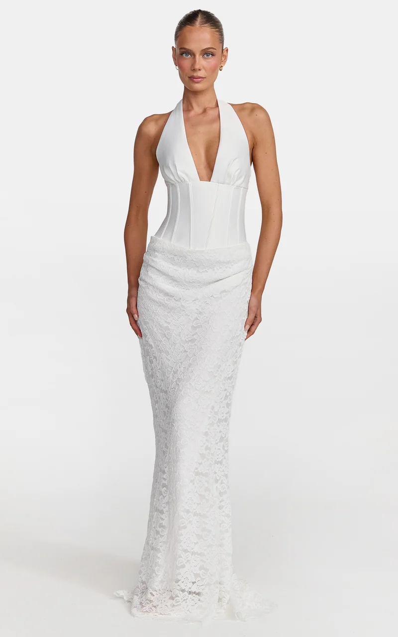 Tilly Maxi Dress - Lace Plunge Neckline Halter Dress in White