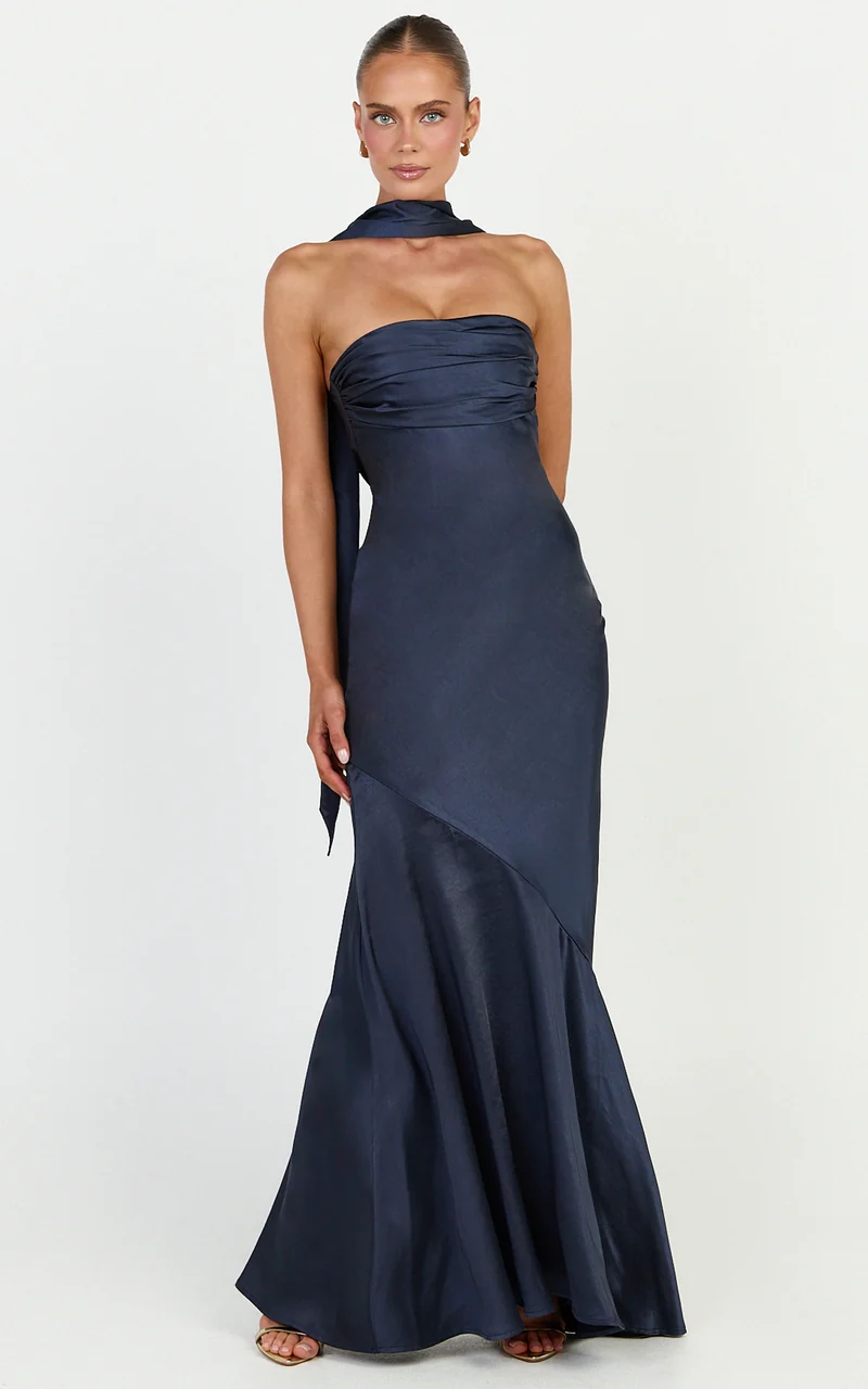 Odette Maxi Dress - Strapless Slip Dress With Neck Scarf in Navy