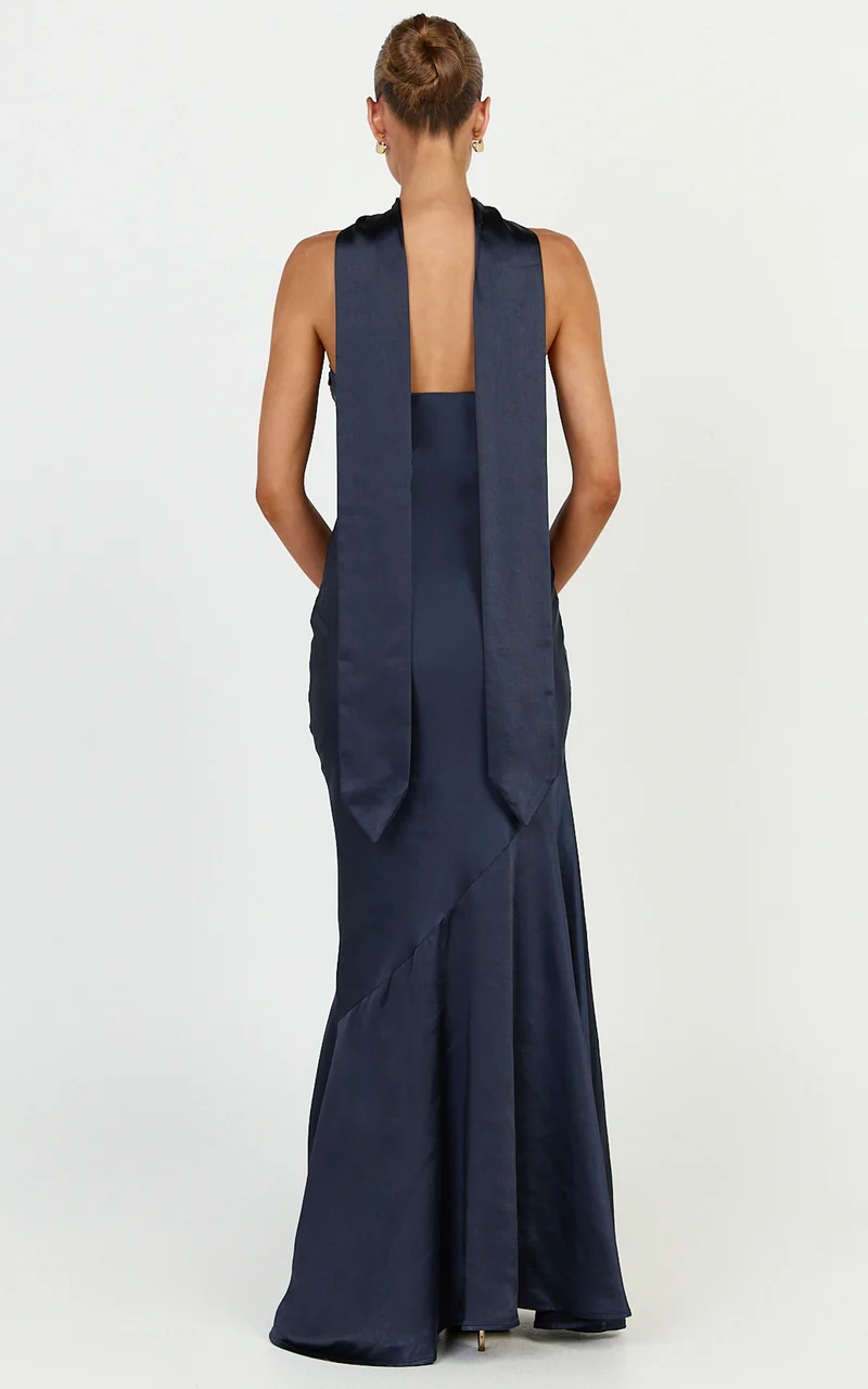 Odette Maxi Dress - Strapless Slip Dress With Neck Scarf in Navy