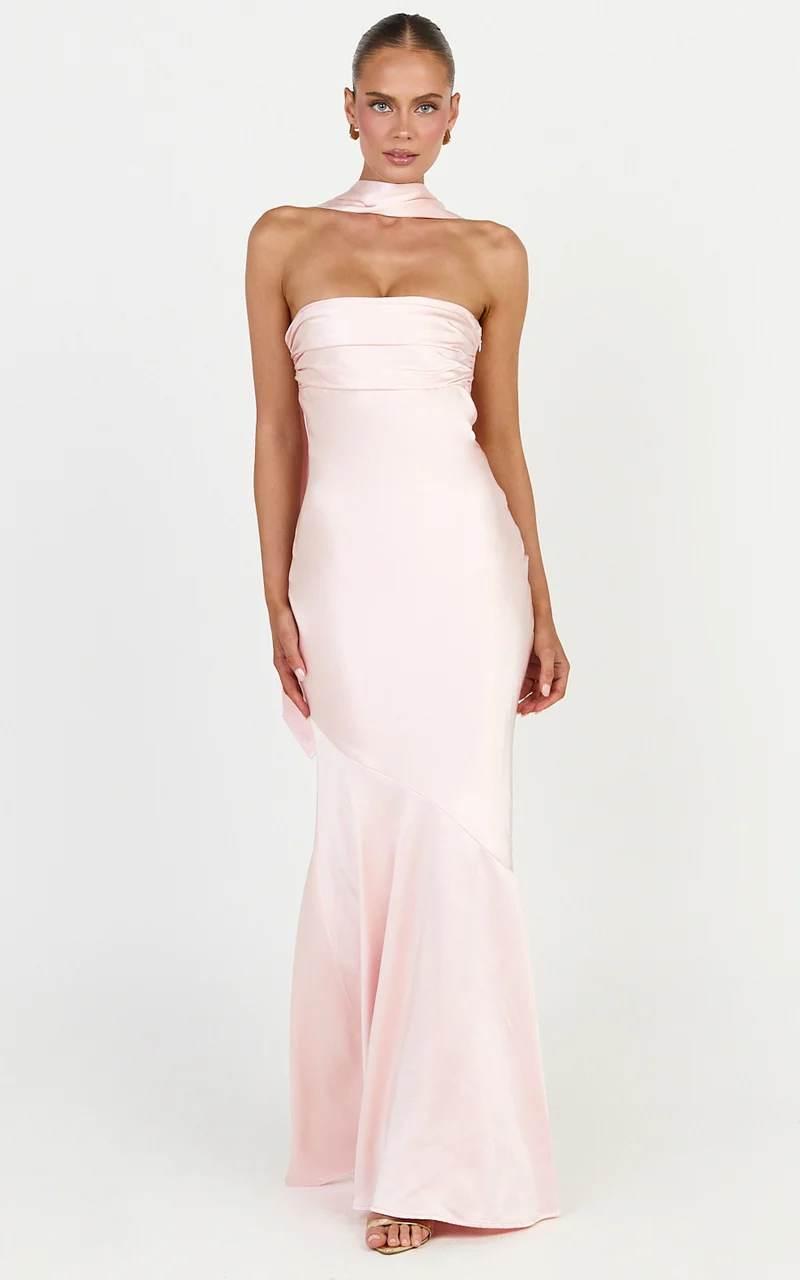 Odette Maxi Dress - Strapless Slip Dress With Neck Scarf in Light Pink