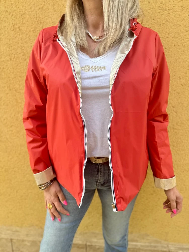 Veste imperméable Laura réversible courte corail et doré