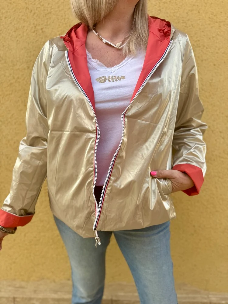 Veste imperméable Laura réversible courte corail et doré