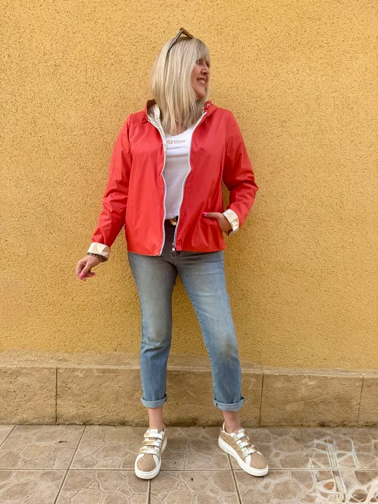 Veste imperméable Laura réversible courte corail et doré