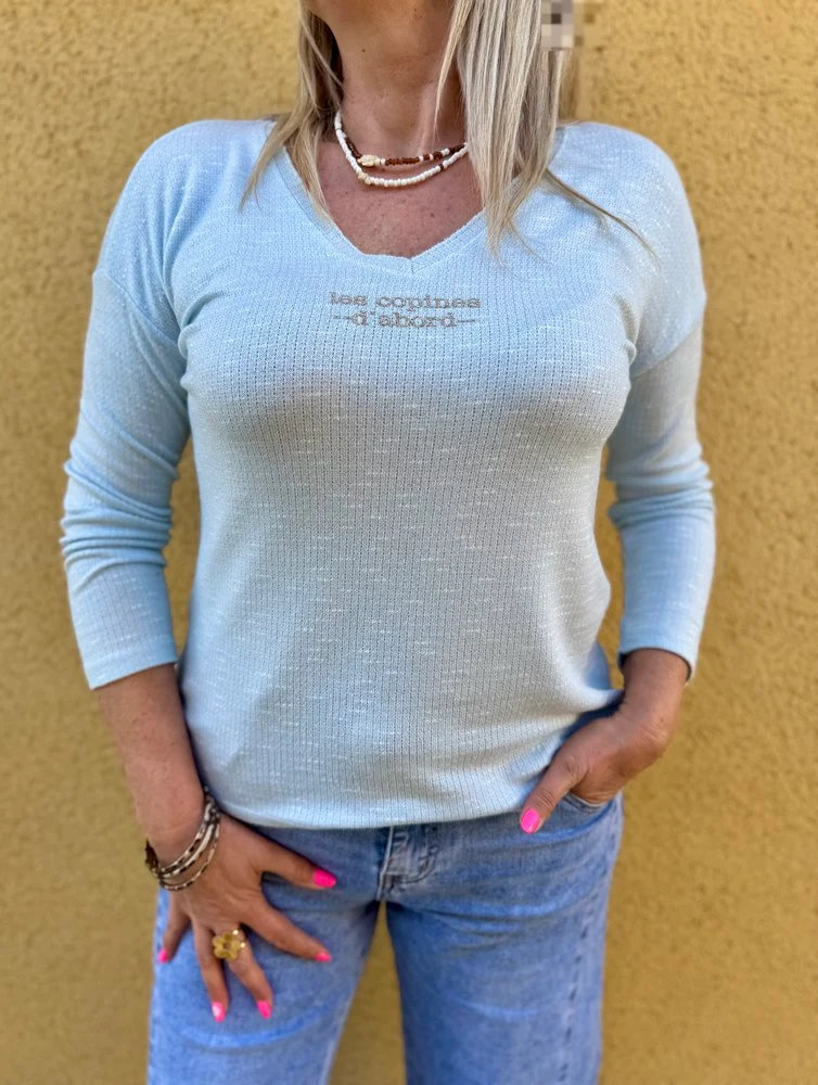Pull fin Les copines d'abord bleu ciel