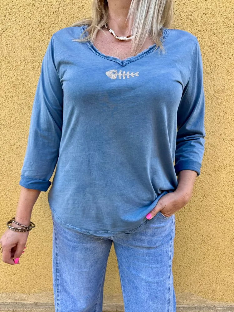 Teeshirt manches longues Poisson bleu jean