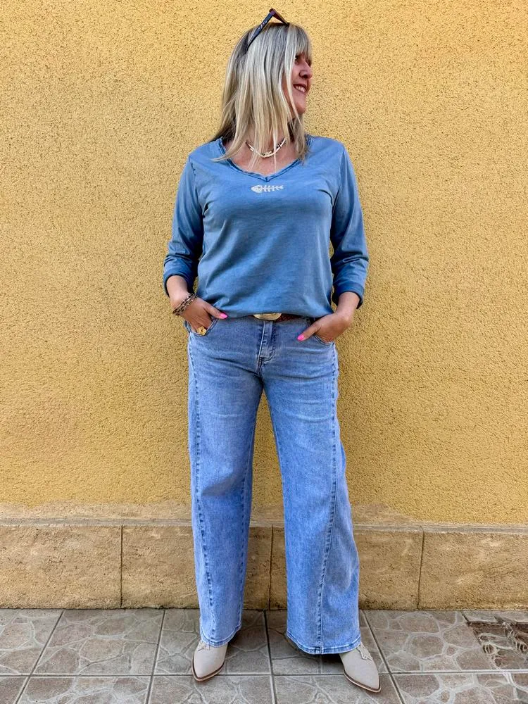 Teeshirt manches longues Poisson bleu jean
