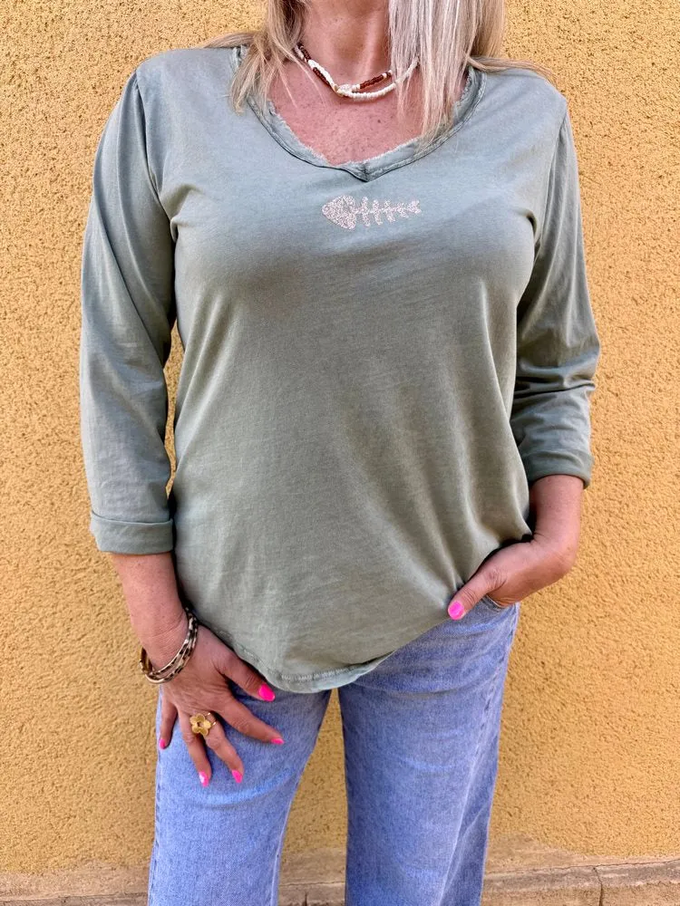 Teeshirt manches longues Poisson tilleul