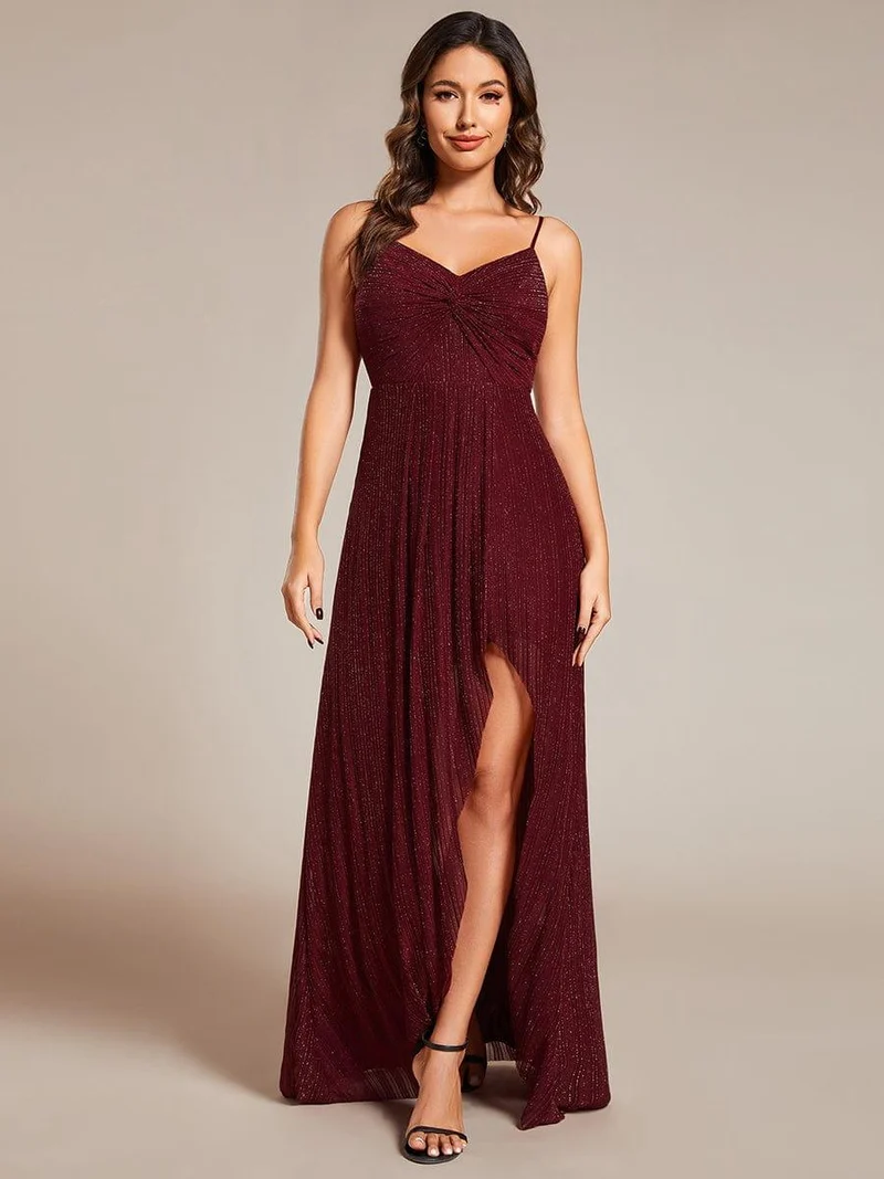 Robe de soirée formelle élégante sans manches à col en V et fente haute avec plissage