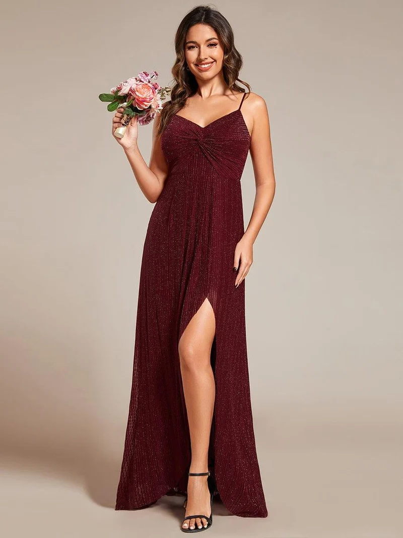 Robe de soirée formelle élégante sans manches à col en V et fente haute avec plissage