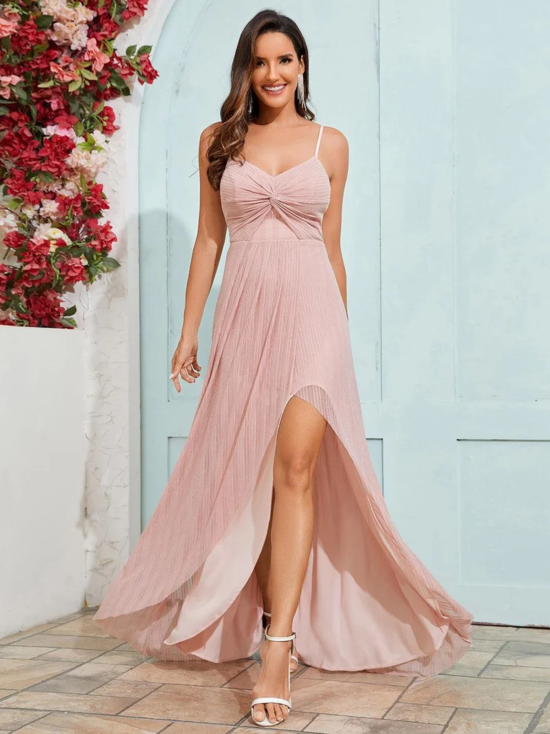 Robe de soirée formelle élégante sans manches à col en V et fente haute avec plissage