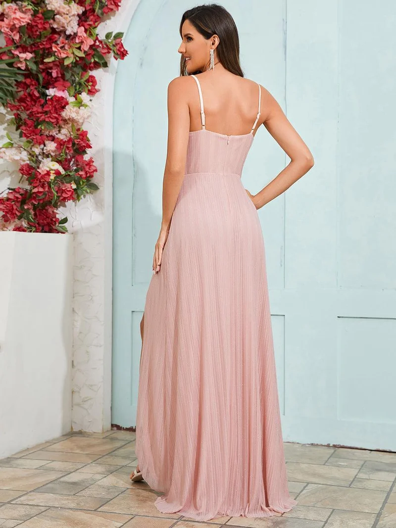 Robe de soirée formelle élégante sans manches à col en V et fente haute avec plissage