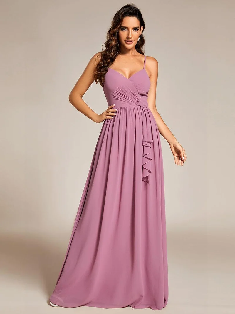 Robe de demoiselle d'honneur plissée sans manches en mousseline avec feuille de lotus